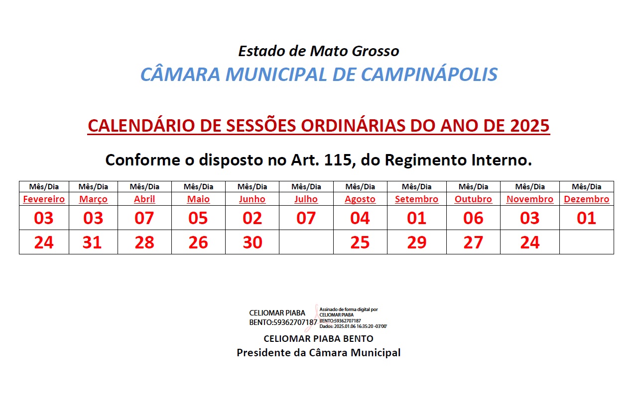 Calendário das Sessões Ordinárias para o Ano de 2025.