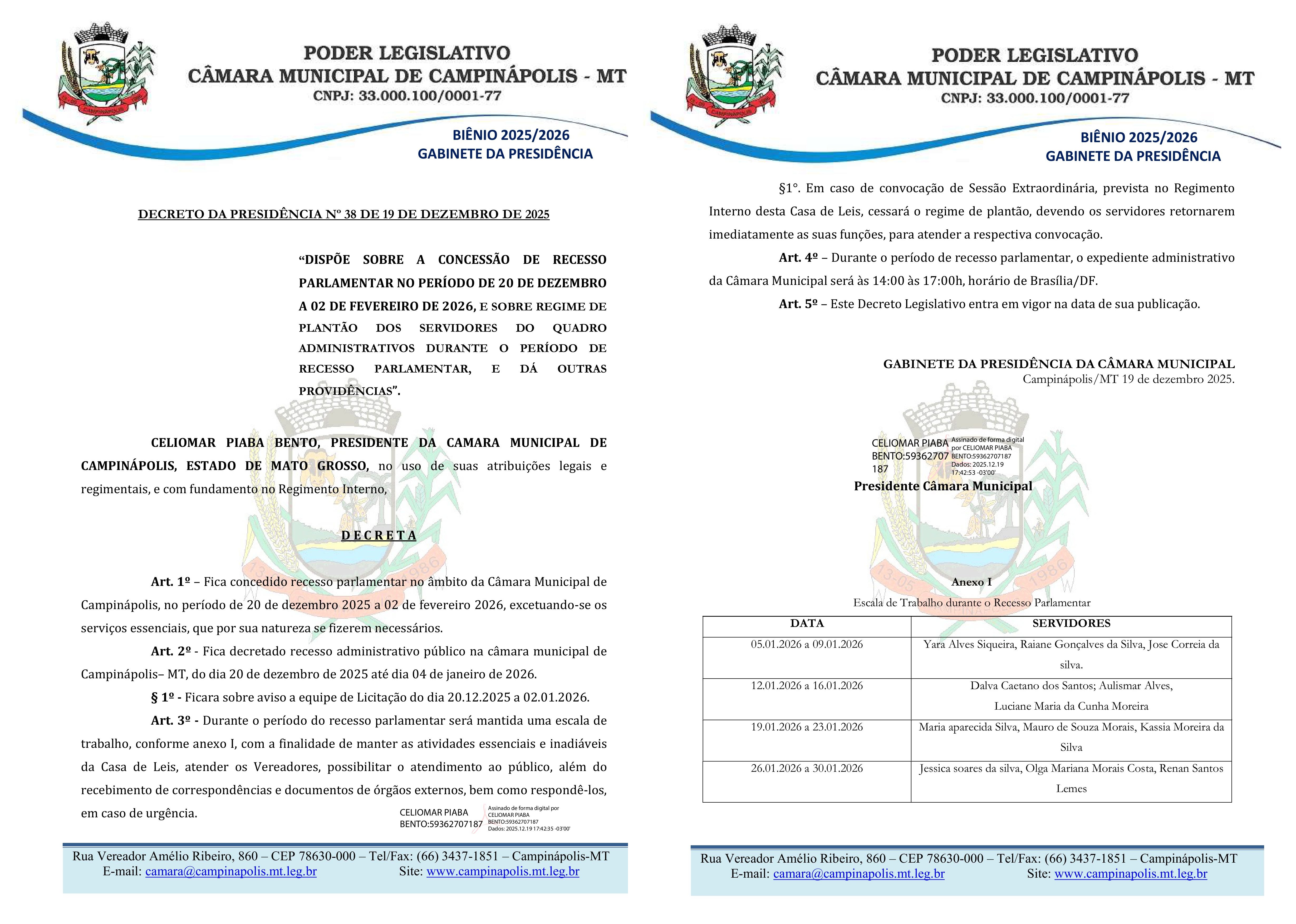 DECRETO DA PRESIDÊNCIA Nº 38 DE 19 DE DEZEMBRO DE 2025